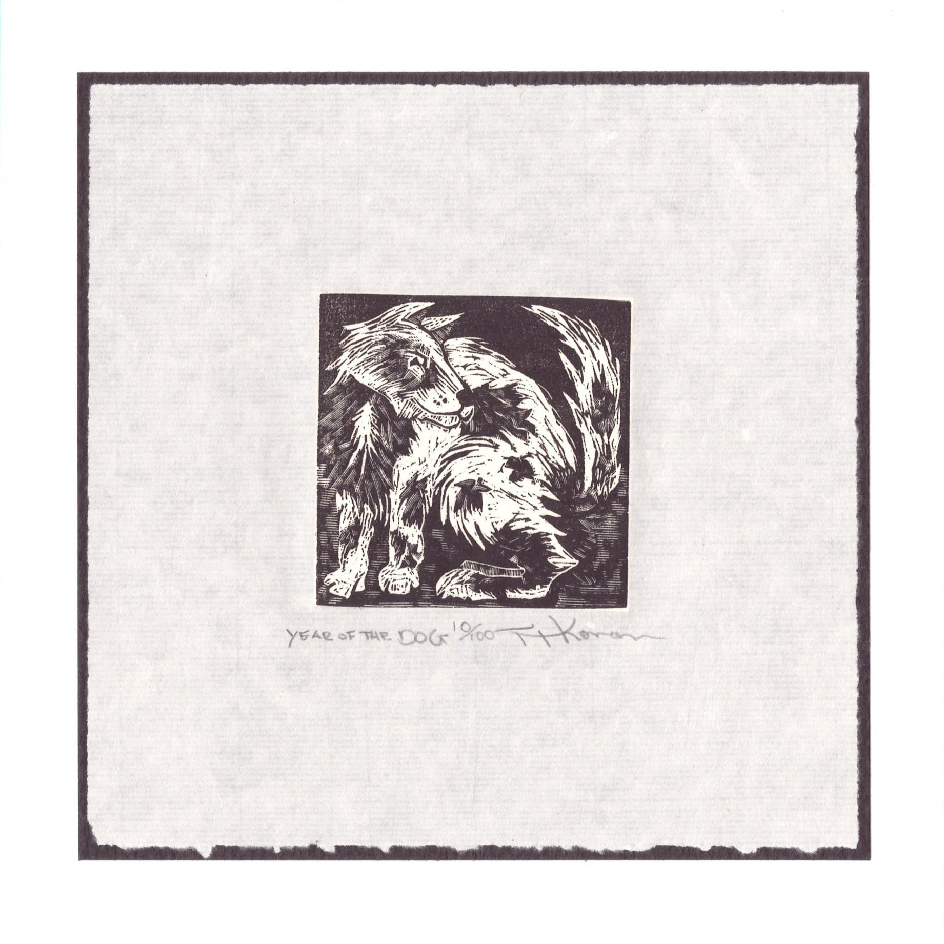 Black and white etching of a dog on a textured white background